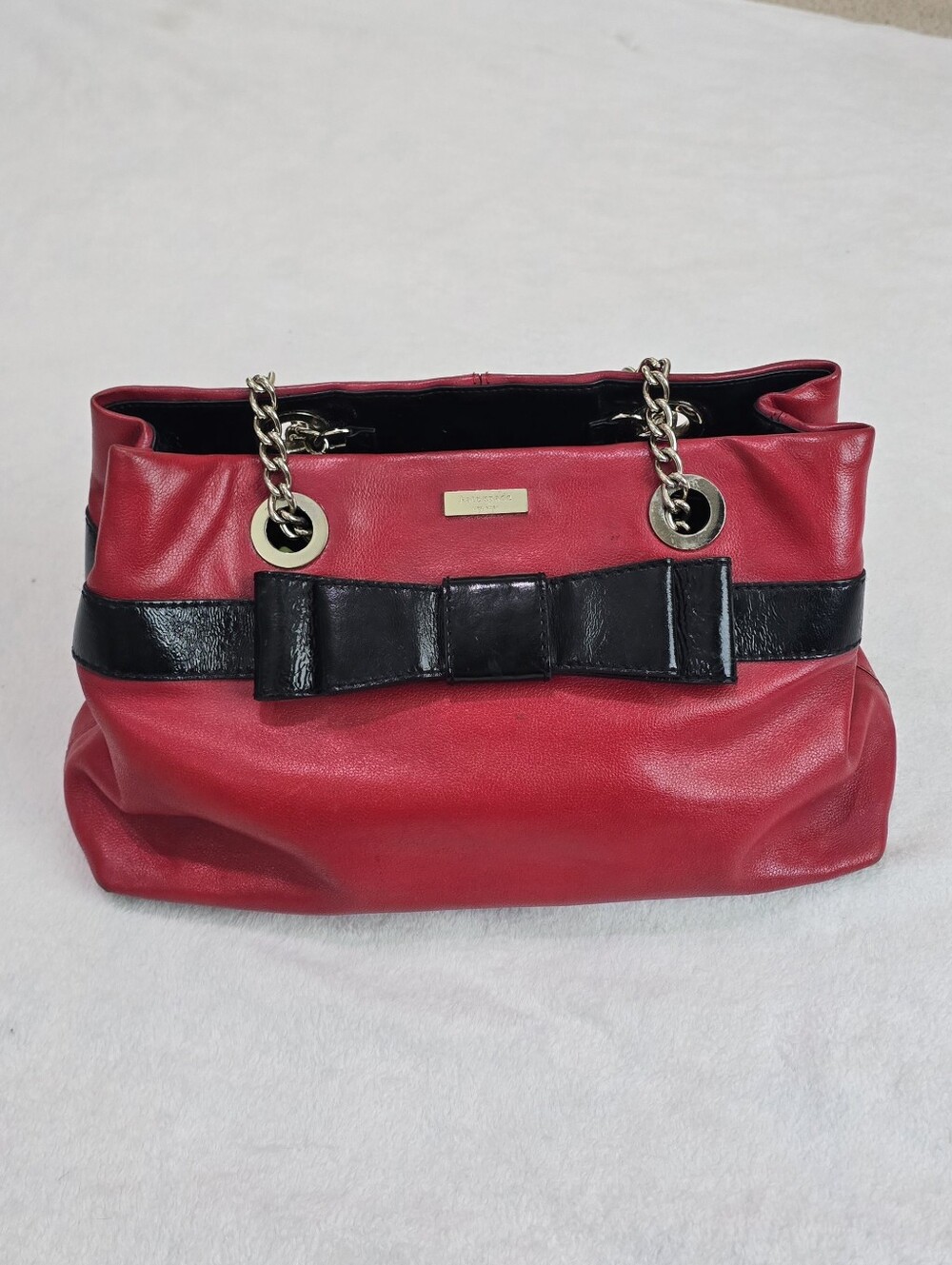 Kate Spade Purse Red Leather Black Patent Bow Tie Tote Shoulder Bag Gold Chain